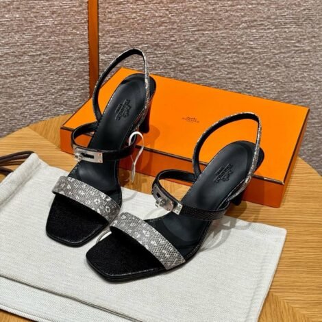 Hermes Lizard Glamour Sandals - Noir/Himalaya