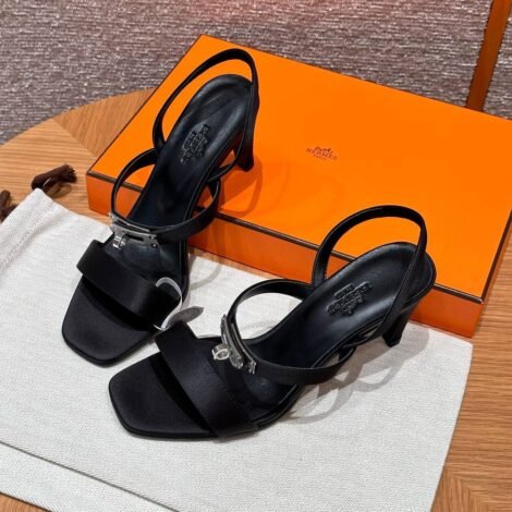Hermes Glamour Sandals in Satin Noir - Silver Hardware