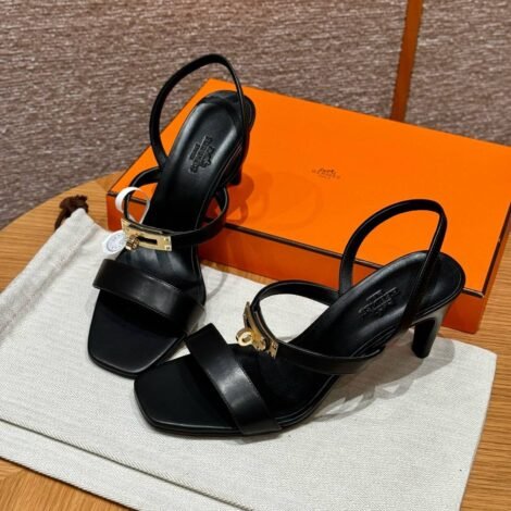 Hermes Glamour Sandals Noir - Gold Hardware