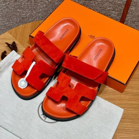 Hermes Chypre Sandals in Orange, Chamois Leather