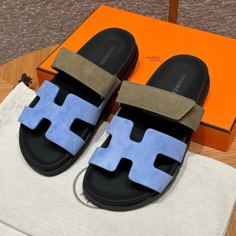 Hermes Chypre Sandals in Light Blue & Green, Chamois Leather