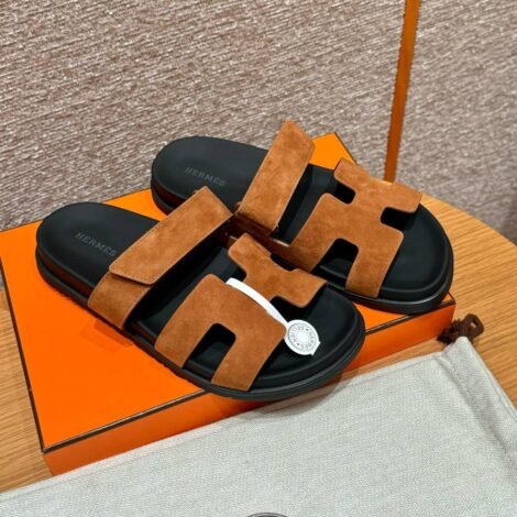 Hermes Chypre Sandals in Brown, Chamois Leather